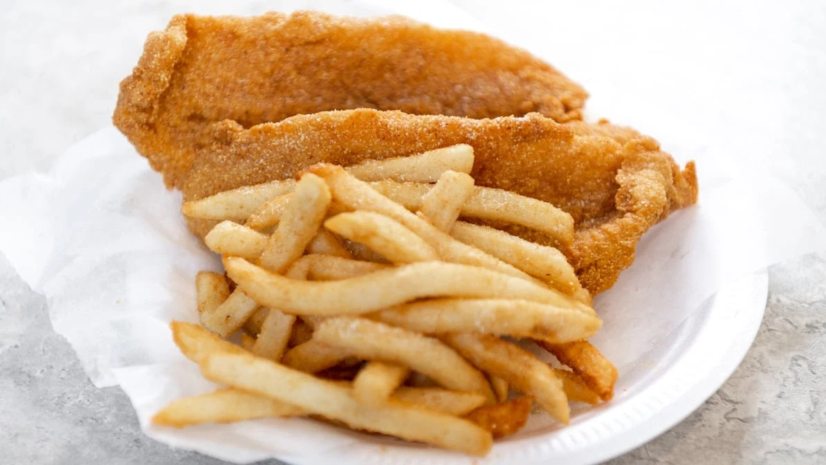 Crispy Kitchen fried fish dinner with fries