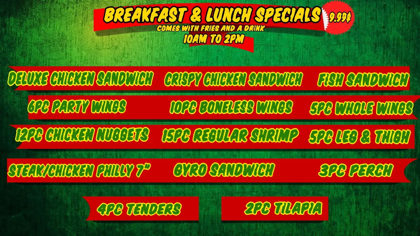 Breakfast and lunch specials menu