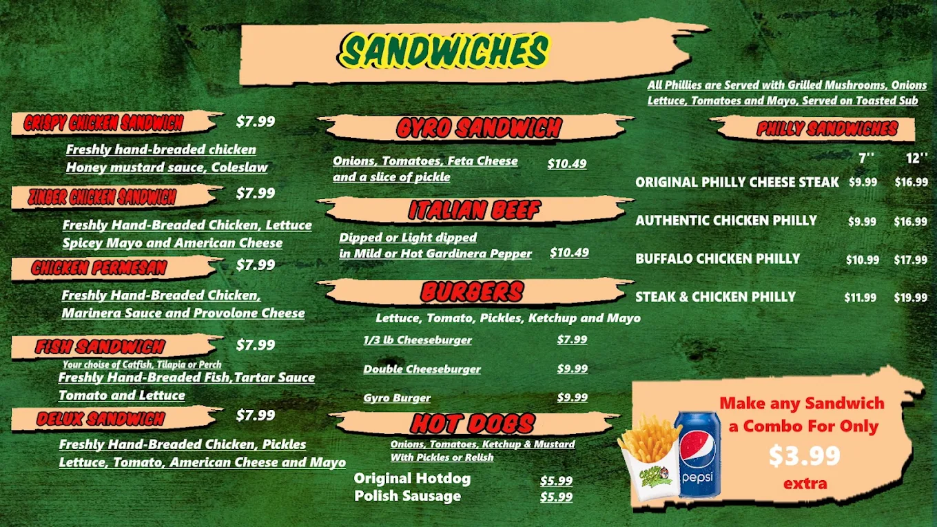 Sandwiches, burgers, hot dogs and combo menu